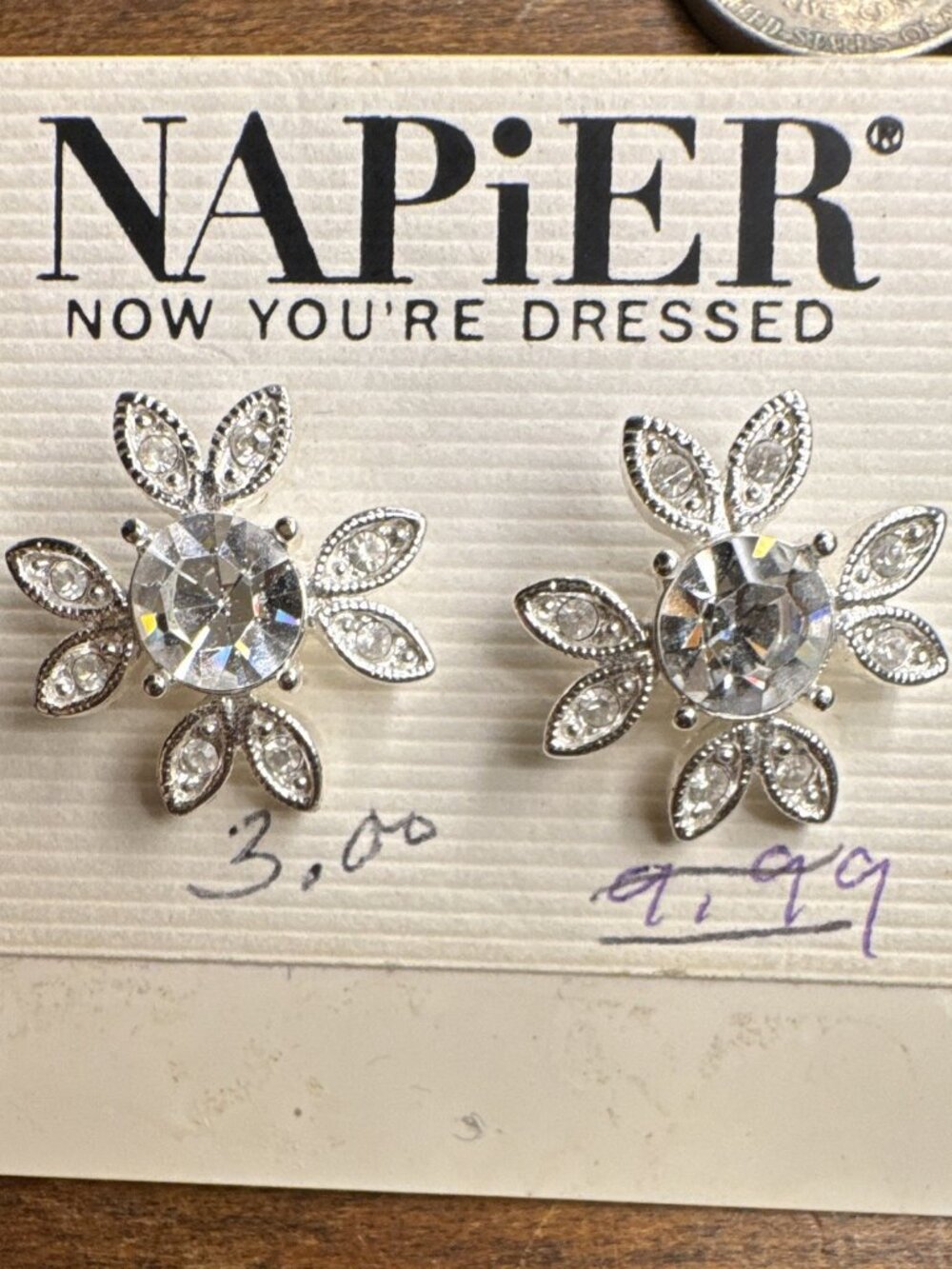 Napier Silver Tone Clear Crystal Flower Cluster Stud Earrings